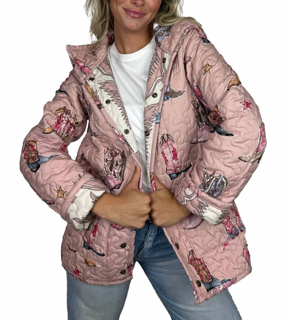 NEW IDA MAE HOME thunderbird boots quilted snap jacket in rose